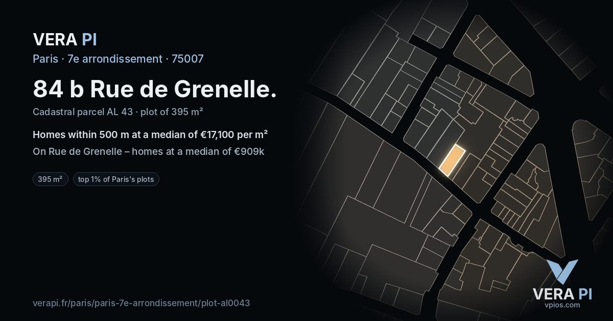 84 b Rue de Grenelle, 7e arrondissement at night – the plot lit, the parcels around coloured by the prices near them