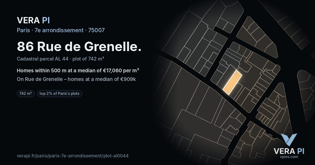 86 Rue de Grenelle, 7e arrondissement at night – the plot lit, the parcels around coloured by the prices near them