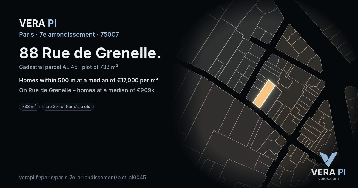 88 Rue de Grenelle, 7e arrondissement at night – the plot lit, the parcels around coloured by the prices near them