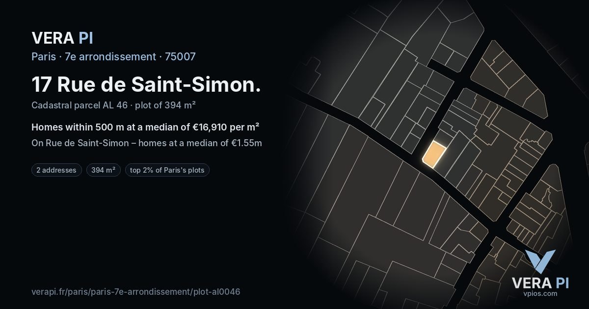17 Rue de Saint-Simon, 7e arrondissement at night – the plot lit, the parcels around coloured by the prices near them