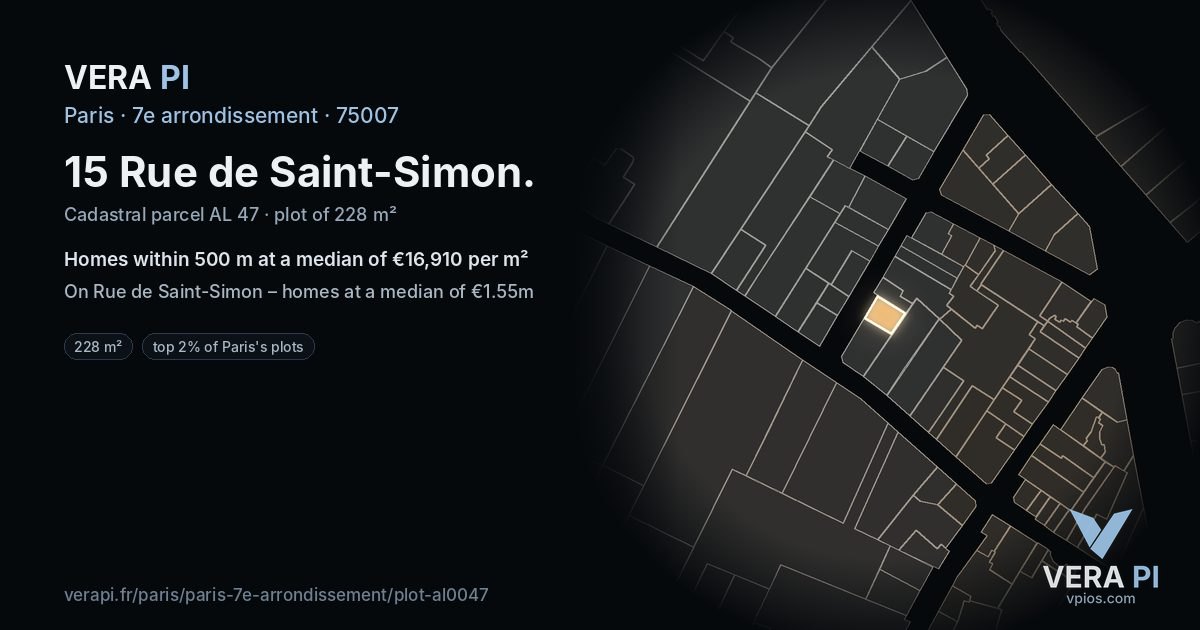 15 Rue de Saint-Simon, 7e arrondissement at night – the plot lit, the parcels around coloured by the prices near them