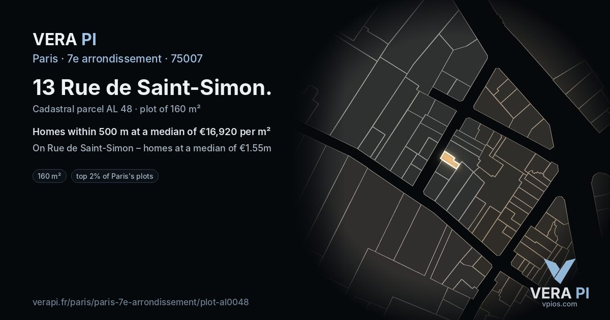 13 Rue de Saint-Simon, 7e arrondissement at night – the plot lit, the parcels around coloured by the prices near them