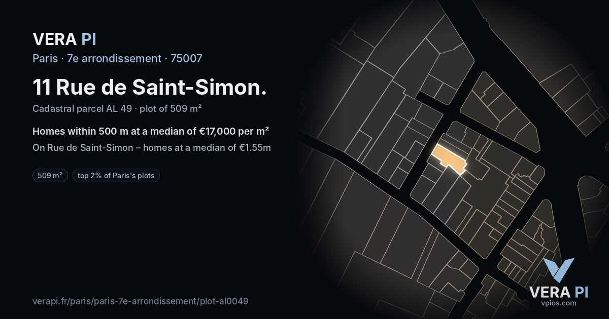 11 Rue de Saint-Simon, 7e arrondissement at night – the plot lit, the parcels around coloured by the prices near them