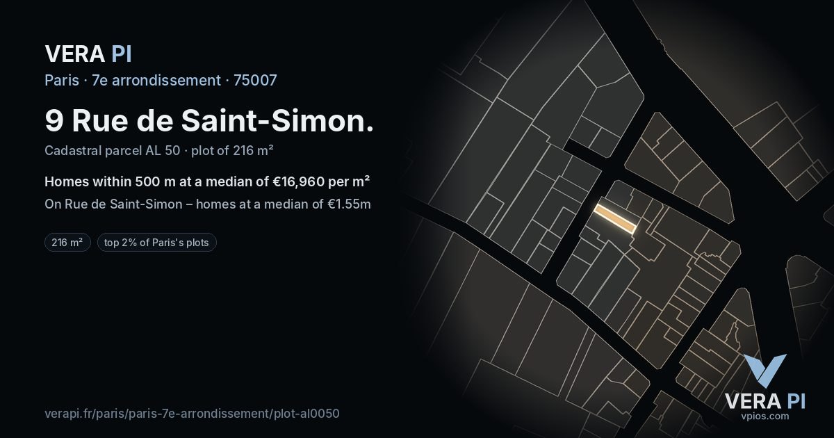9 Rue de Saint-Simon, 7e arrondissement at night – the plot lit, the parcels around coloured by the prices near them