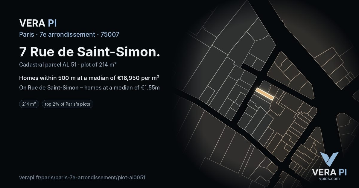 7 Rue de Saint-Simon, 7e arrondissement at night – the plot lit, the parcels around coloured by the prices near them
