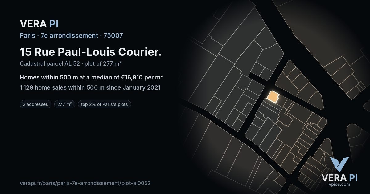 15 Rue Paul-Louis Courier, 7e arrondissement at night – the plot lit, the parcels around coloured by the prices near them