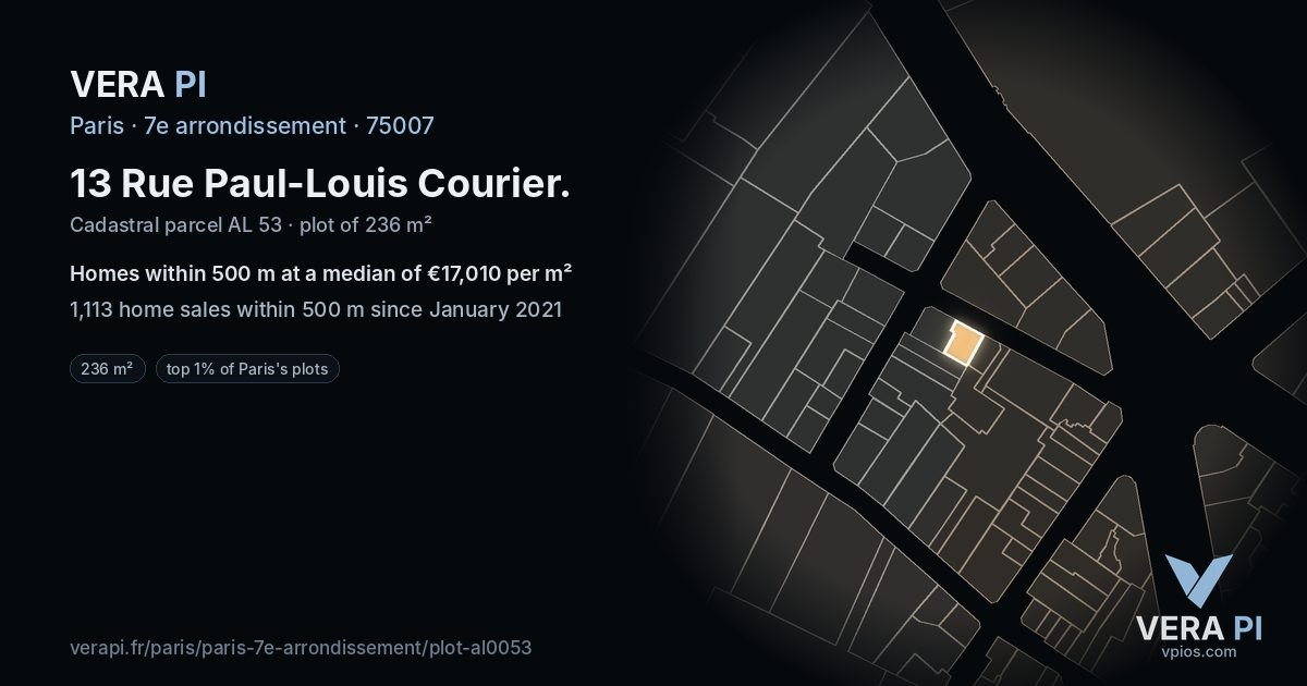 13 Rue Paul-Louis Courier, 7e arrondissement at night – the plot lit, the parcels around coloured by the prices near them