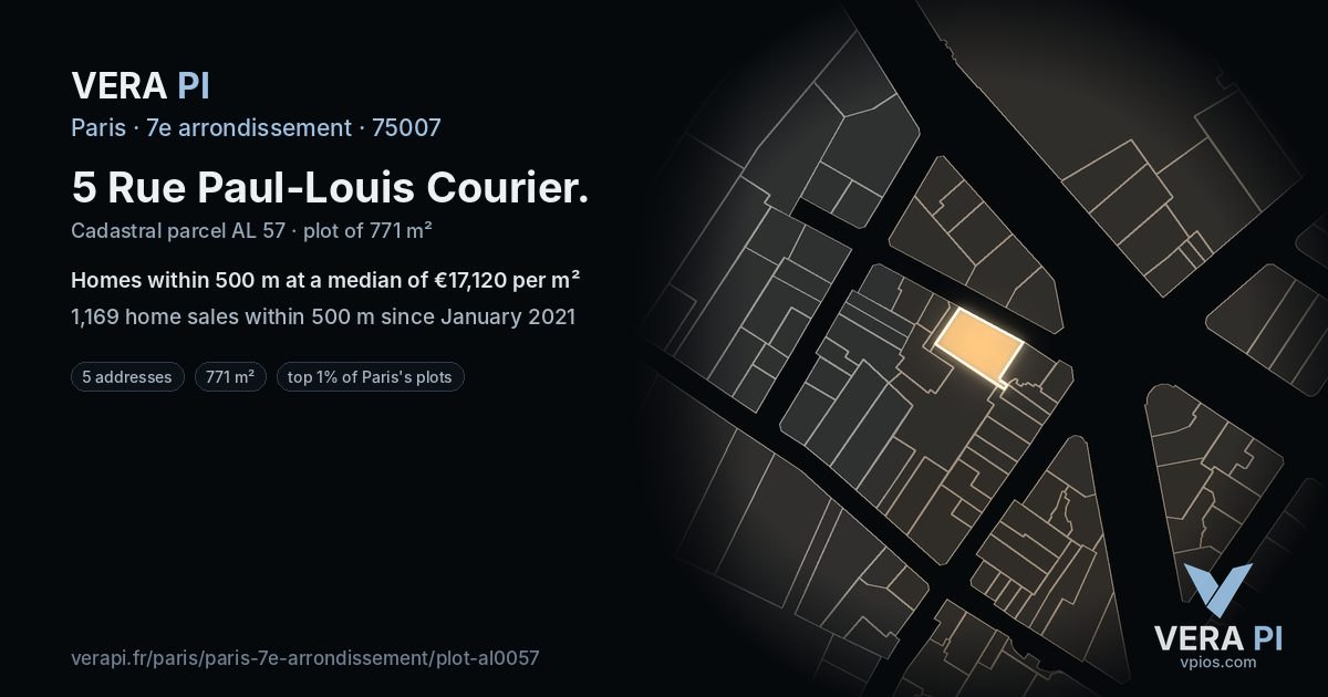 5 Rue Paul-Louis Courier, 7e arrondissement at night – the plot lit, the parcels around coloured by the prices near them