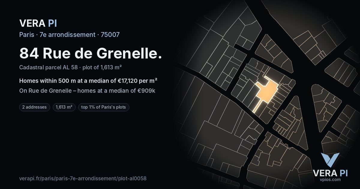 84 Rue de Grenelle, 7e arrondissement at night – the plot lit, the parcels around coloured by the prices near them