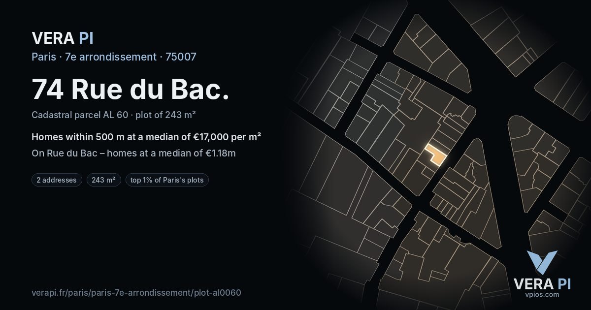 74 Rue du Bac, 7e arrondissement at night – the plot lit, the parcels around coloured by the prices near them