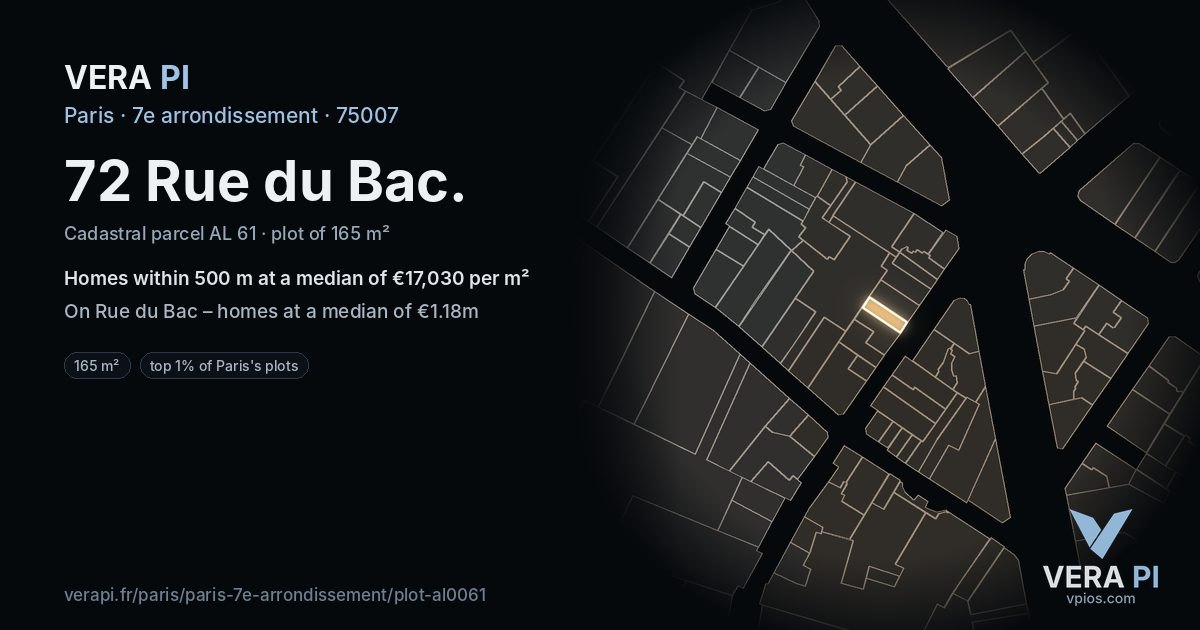 72 Rue du Bac, 7e arrondissement at night – the plot lit, the parcels around coloured by the prices near them