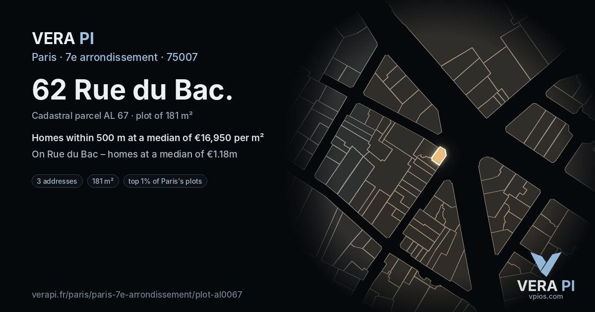 62 Rue du Bac, 7e arrondissement at night – the plot lit, the parcels around coloured by the prices near them