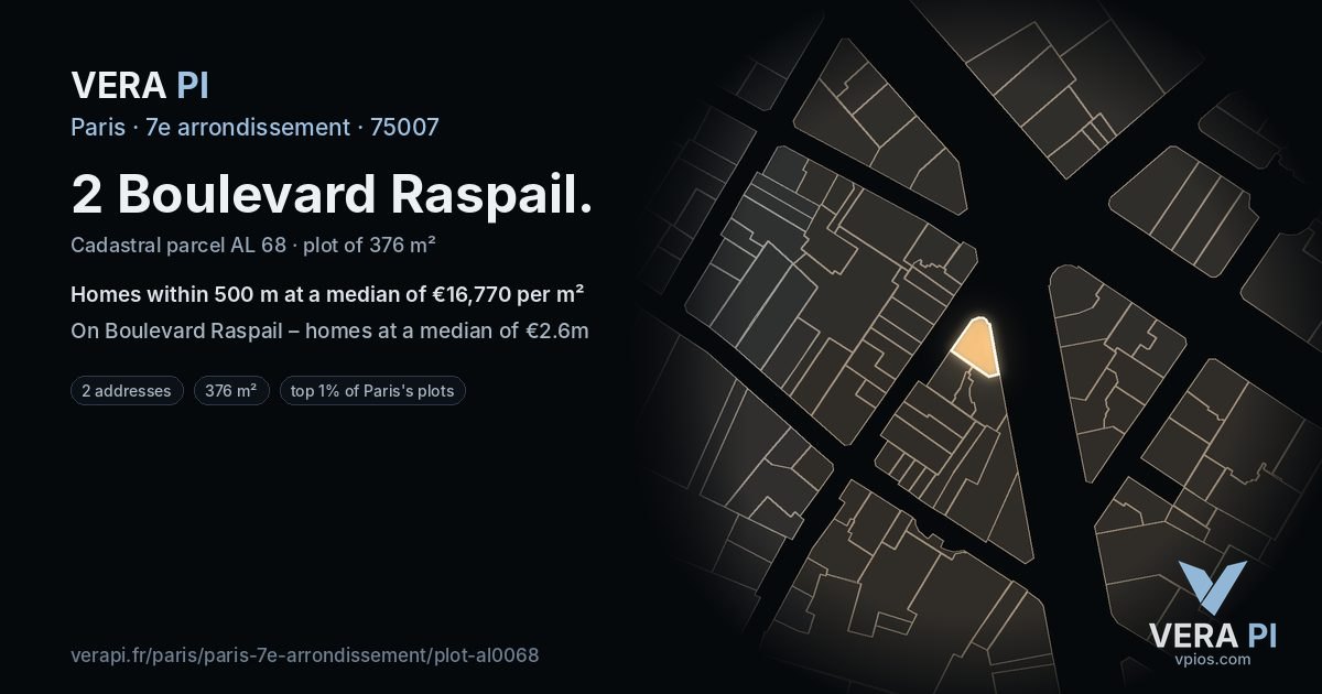 2 Boulevard Raspail, 7e arrondissement at night – the plot lit, the parcels around coloured by the prices near them