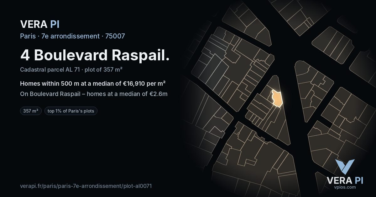 4 Boulevard Raspail, 7e arrondissement at night – the plot lit, the parcels around coloured by the prices near them