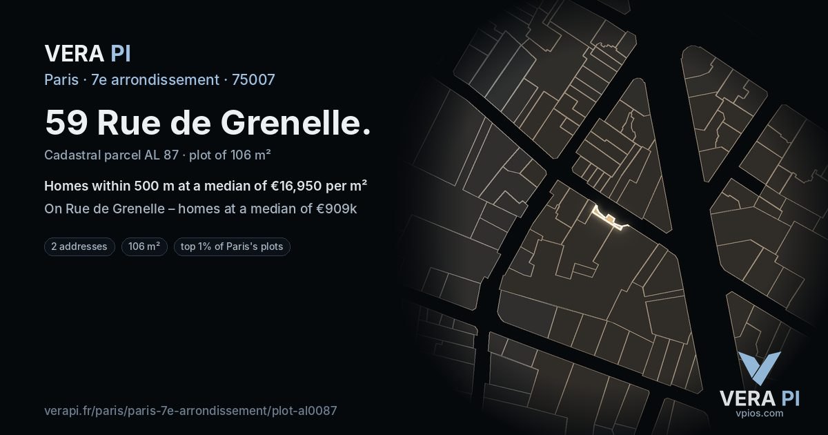 59 Rue de Grenelle, 7e arrondissement at night – the plot lit, the parcels around coloured by the prices near them