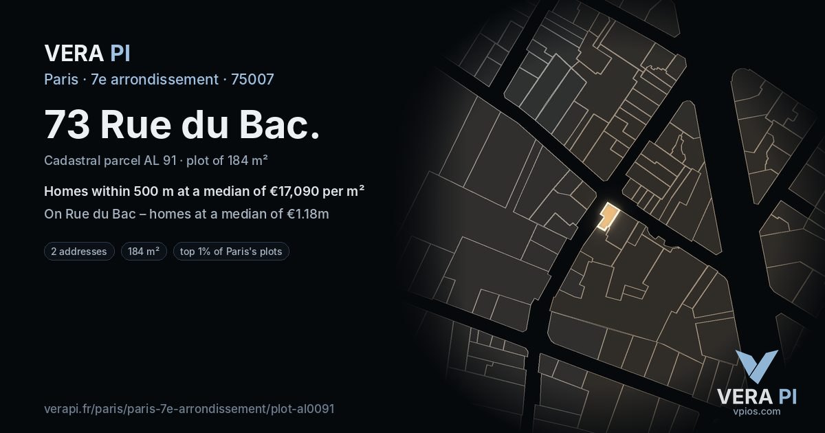 73 Rue du Bac, 7e arrondissement at night – the plot lit, the parcels around coloured by the prices near them