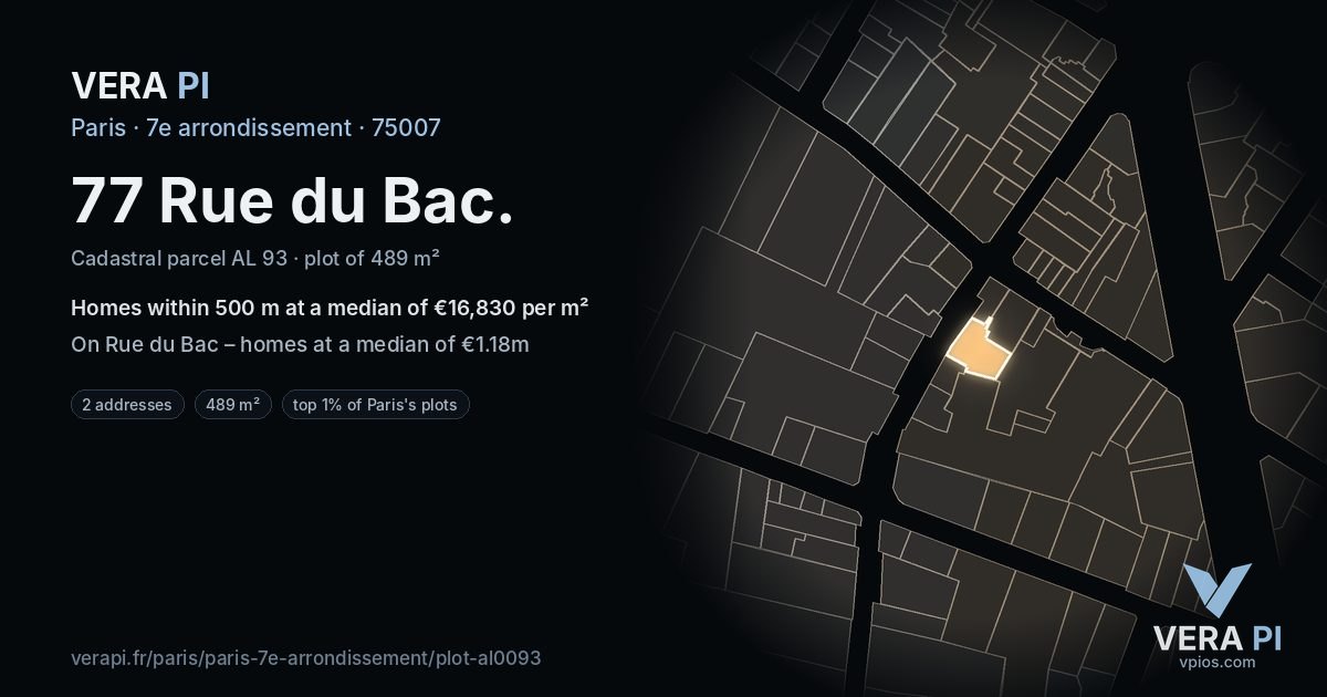 77 Rue du Bac, 7e arrondissement at night – the plot lit, the parcels around coloured by the prices near them