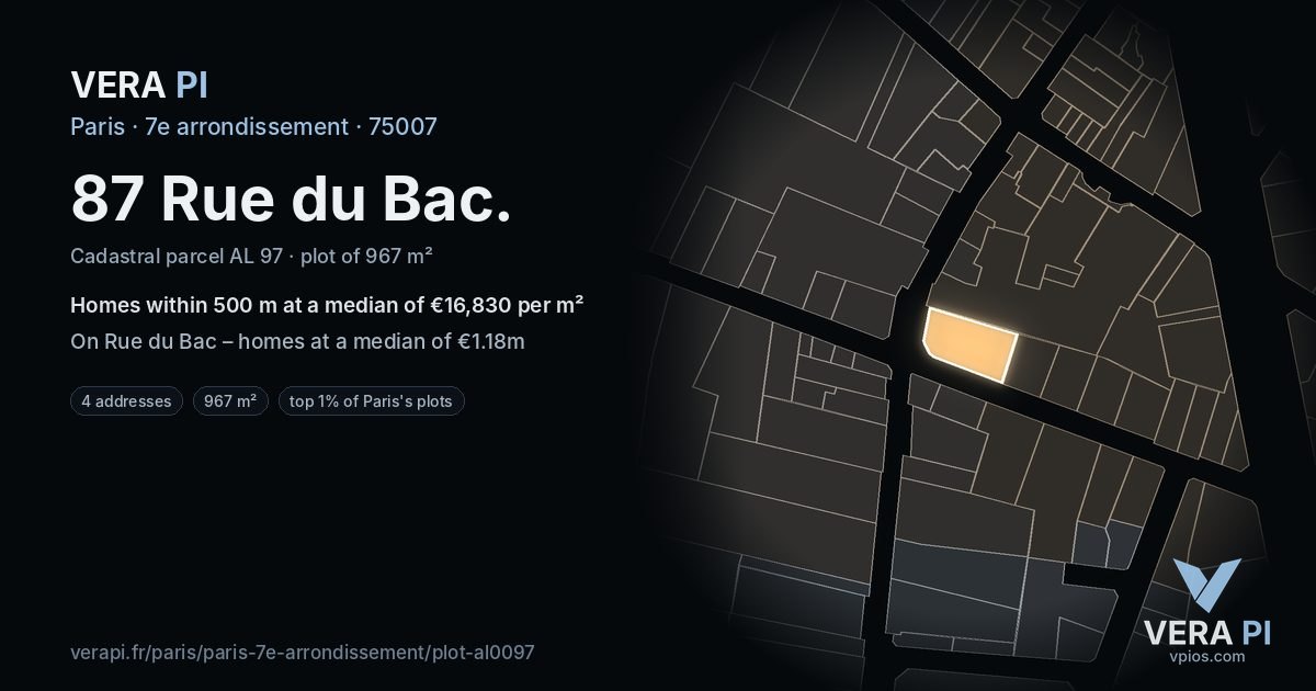 87 Rue du Bac, 7e arrondissement at night – the plot lit, the parcels around coloured by the prices near them