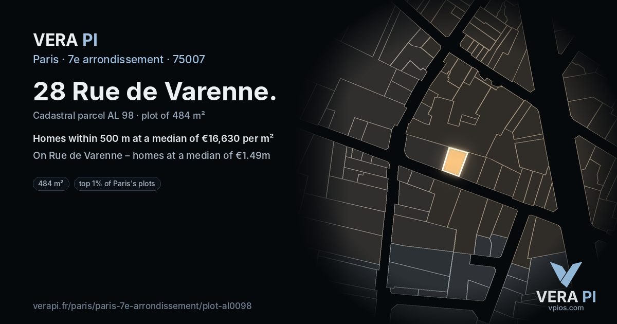 28 Rue de Varenne, 7e arrondissement at night – the plot lit, the parcels around coloured by the prices near them