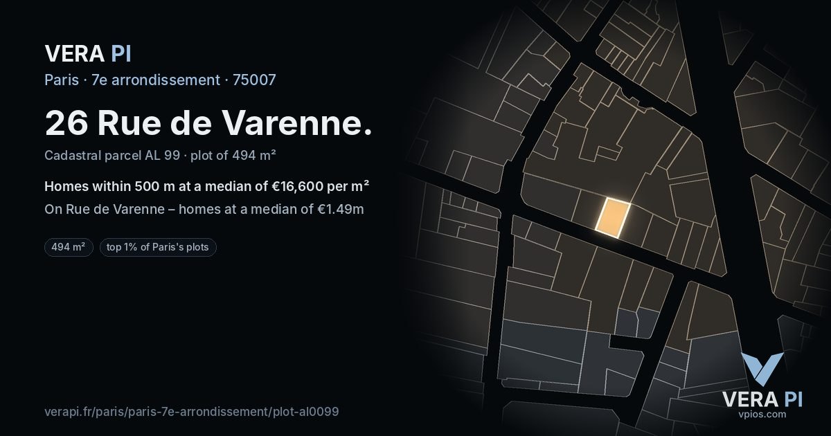 26 Rue de Varenne, 7e arrondissement at night – the plot lit, the parcels around coloured by the prices near them