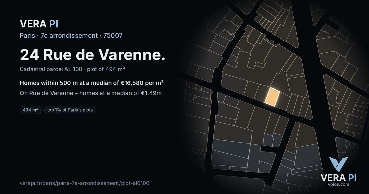 24 Rue de Varenne, 7e arrondissement at night – the plot lit, the parcels around coloured by the prices near them