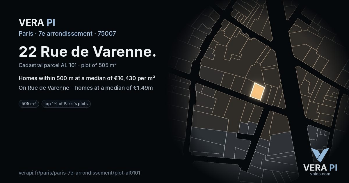 22 Rue de Varenne, 7e arrondissement at night – the plot lit, the parcels around coloured by the prices near them