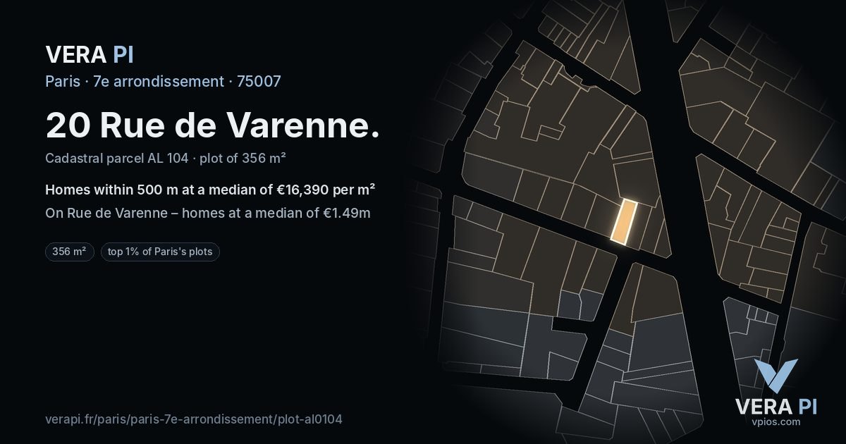 20 Rue de Varenne, 7e arrondissement at night – the plot lit, the parcels around coloured by the prices near them