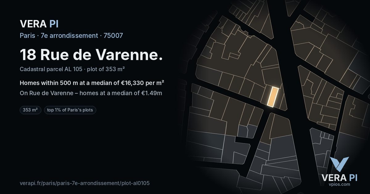 18 Rue de Varenne, 7e arrondissement at night – the plot lit, the parcels around coloured by the prices near them