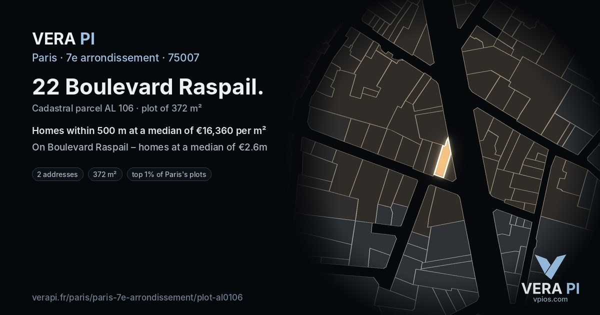22 Boulevard Raspail, 7e arrondissement at night – the plot lit, the parcels around coloured by the prices near them