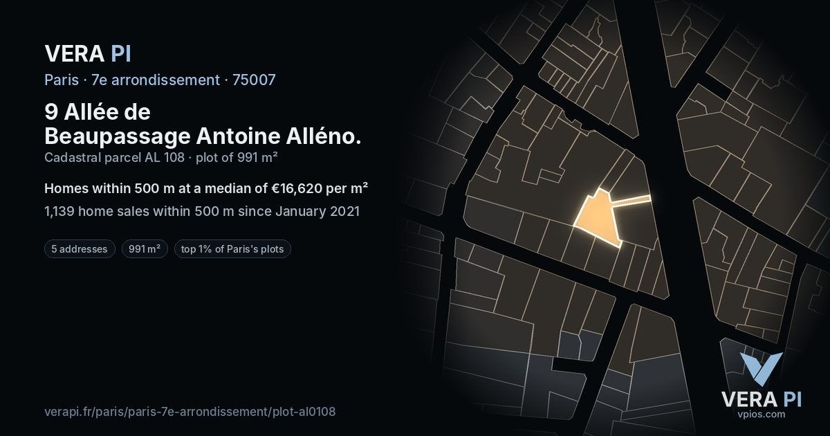 9 Allée de Beaupassage Antoine Alléno, 7e arrondissement at night – the plot lit, the parcels around coloured by the prices near them