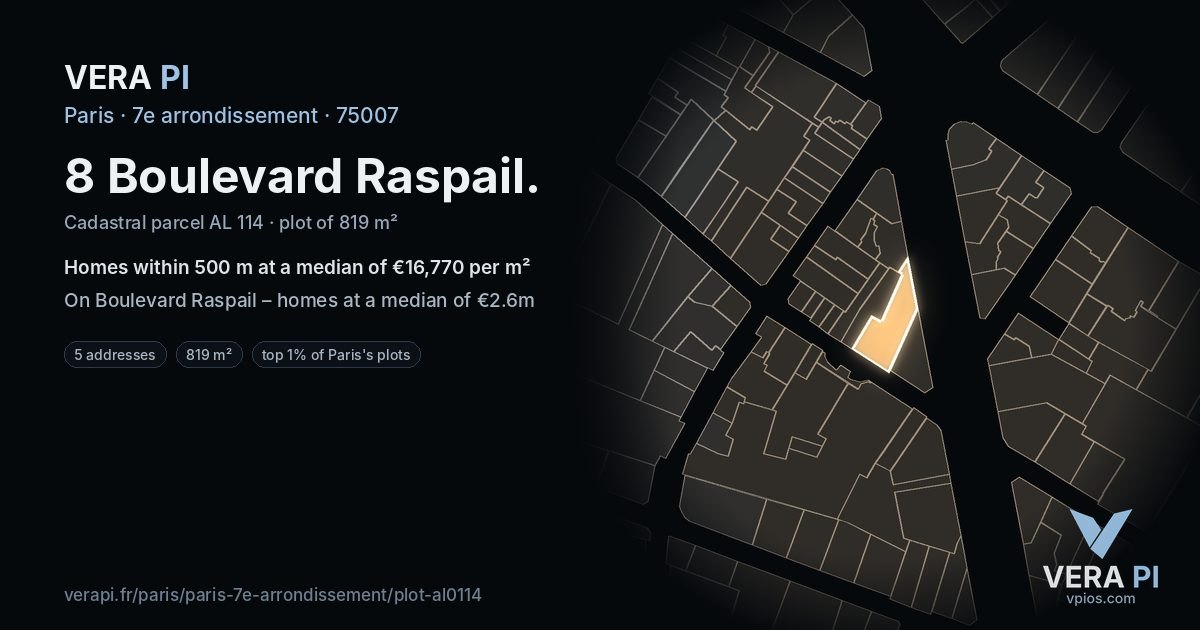 8 Boulevard Raspail, 7e arrondissement at night – the plot lit, the parcels around coloured by the prices near them