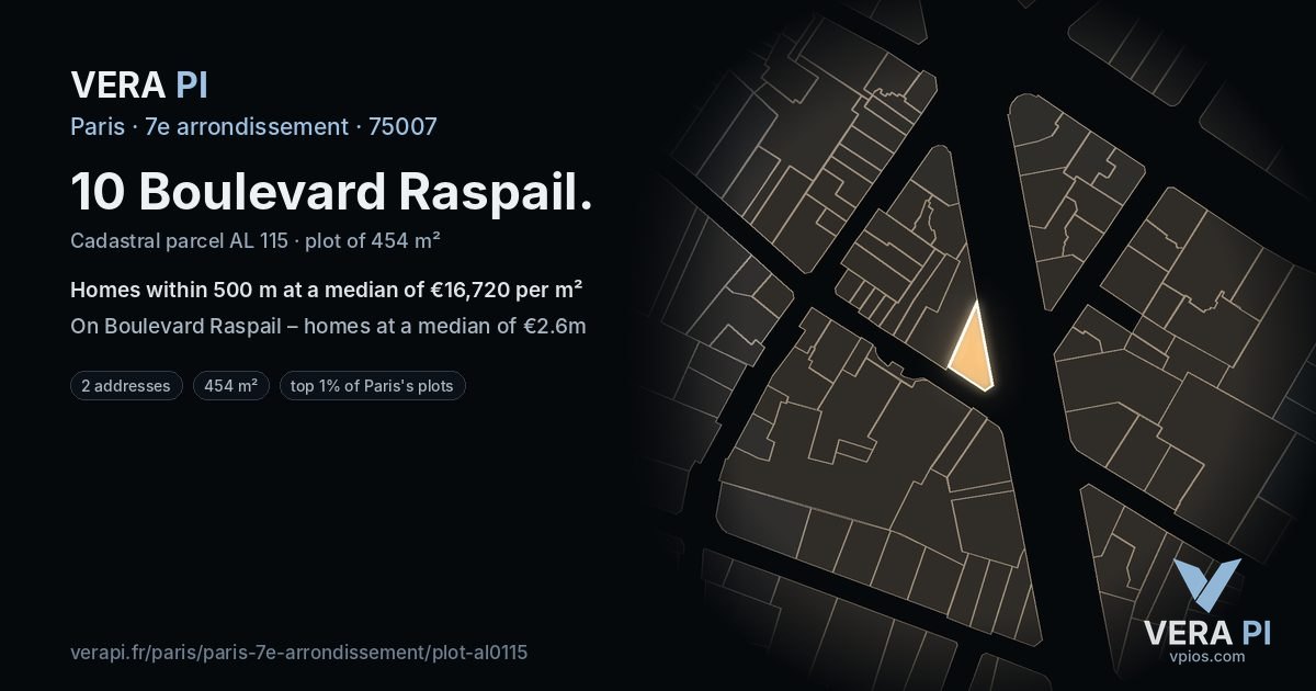 10 Boulevard Raspail, 7e arrondissement at night – the plot lit, the parcels around coloured by the prices near them