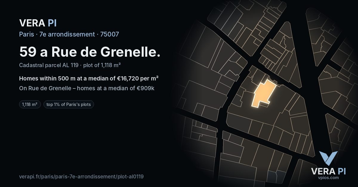 59 a Rue de Grenelle, 7e arrondissement at night – the plot lit, the parcels around coloured by the prices near them