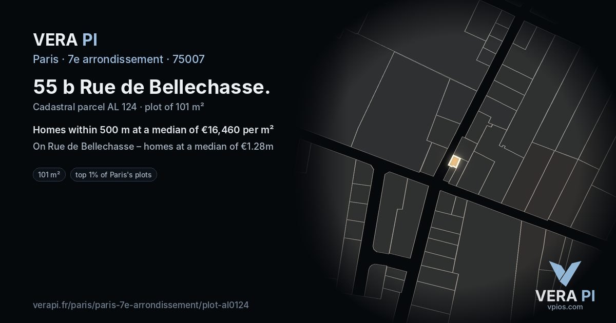 55 b Rue de Bellechasse, 7e arrondissement at night – the plot lit, the parcels around coloured by the prices near them