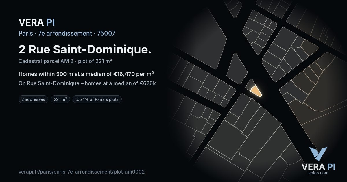 2 Rue Saint-Dominique, 7e arrondissement at night – the plot lit, the parcels around coloured by the prices near them