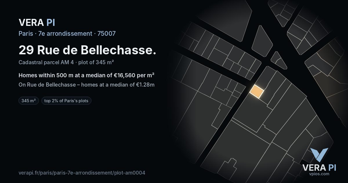 29 Rue de Bellechasse, 7e arrondissement at night – the plot lit, the parcels around coloured by the prices near them