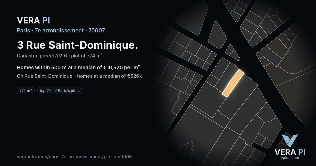 3 Rue Saint-Dominique, 7e arrondissement at night – the plot lit, the parcels around coloured by the prices near them