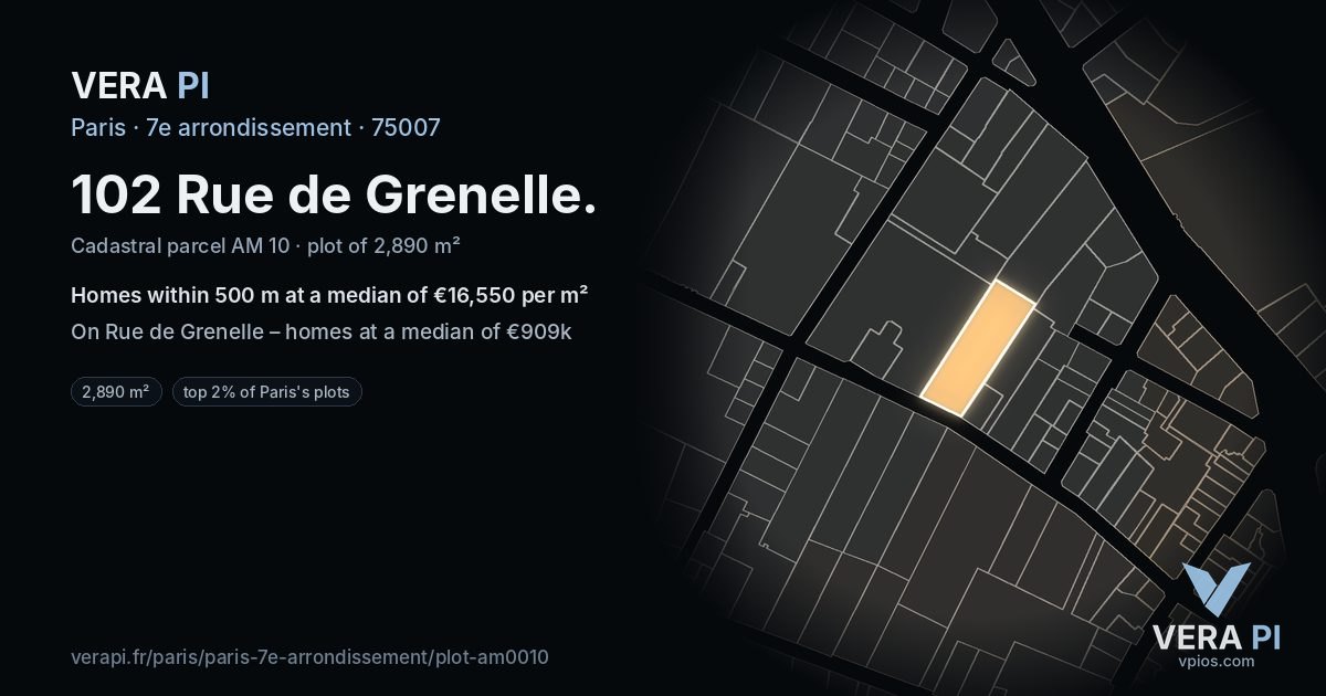 102 Rue de Grenelle, 7e arrondissement at night – the plot lit, the parcels around coloured by the prices near them