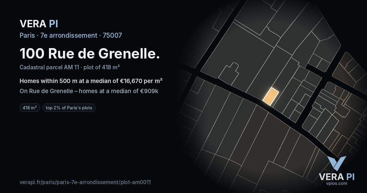 100 Rue de Grenelle, 7e arrondissement at night – the plot lit, the parcels around coloured by the prices near them