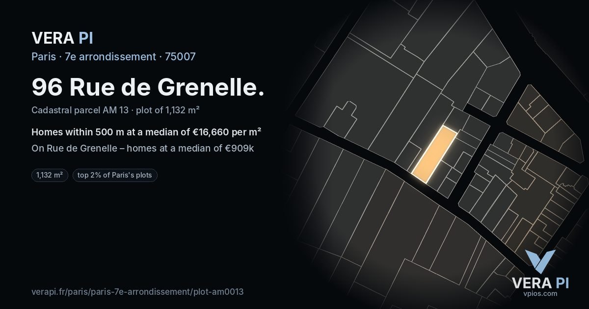 96 Rue de Grenelle, 7e arrondissement at night – the plot lit, the parcels around coloured by the prices near them
