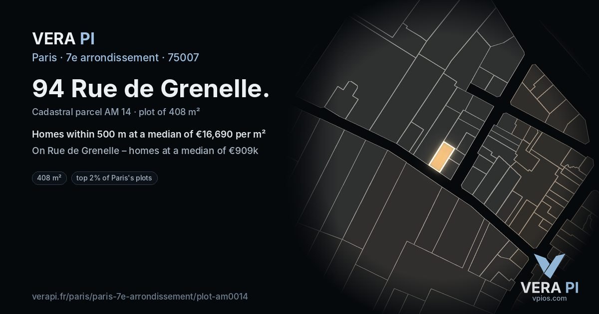 94 Rue de Grenelle, 7e arrondissement at night – the plot lit, the parcels around coloured by the prices near them
