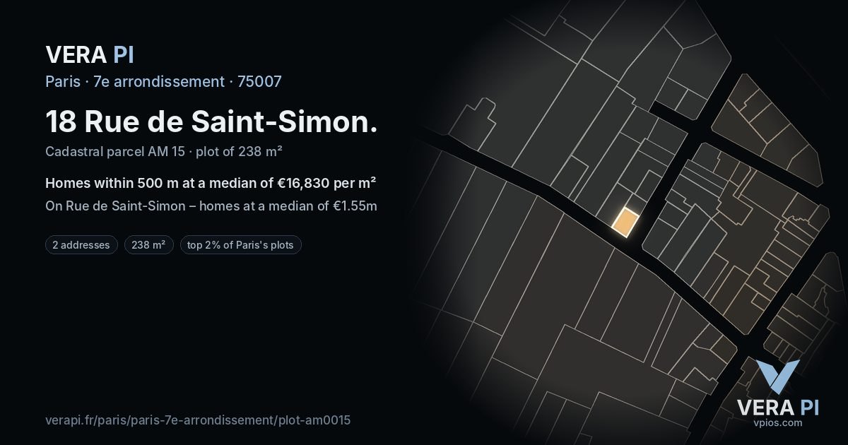 18 Rue de Saint-Simon, 7e arrondissement at night – the plot lit, the parcels around coloured by the prices near them