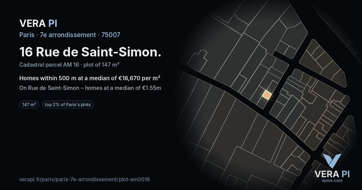 16 Rue de Saint-Simon, 7e arrondissement at night – the plot lit, the parcels around coloured by the prices near them
