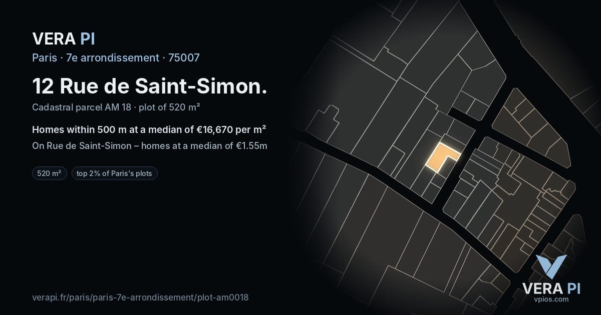 12 Rue de Saint-Simon, 7e arrondissement at night – the plot lit, the parcels around coloured by the prices near them