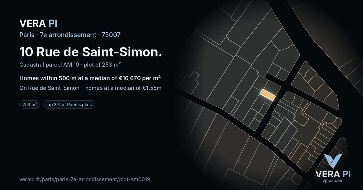 10 Rue de Saint-Simon, 7e arrondissement at night – the plot lit, the parcels around coloured by the prices near them