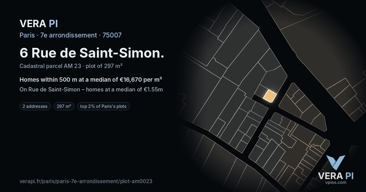 6 Rue de Saint-Simon, 7e arrondissement at night – the plot lit, the parcels around coloured by the prices near them