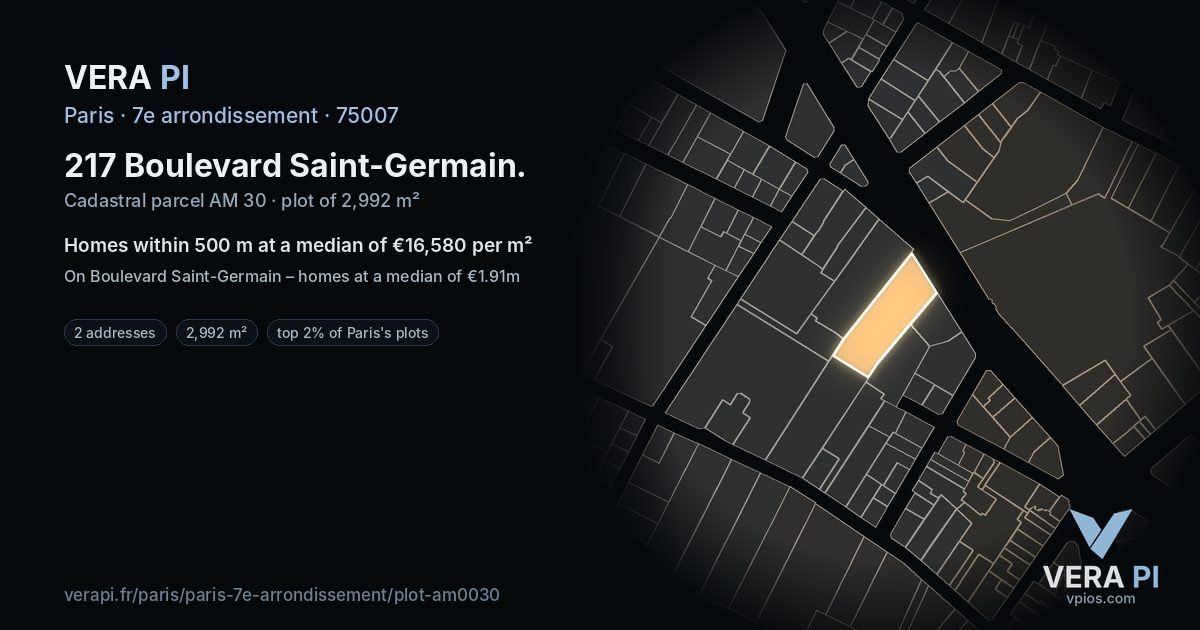 217 Boulevard Saint-Germain, 7e arrondissement at night – the plot lit, the parcels around coloured by the prices near them