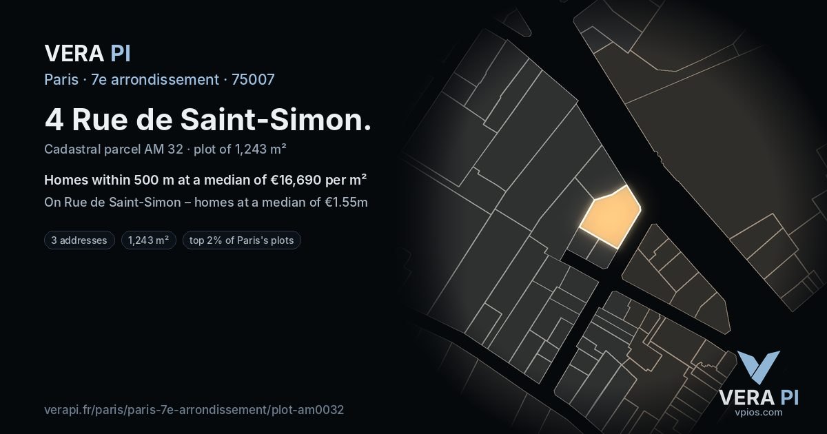 4 Rue de Saint-Simon, 7e arrondissement at night – the plot lit, the parcels around coloured by the prices near them