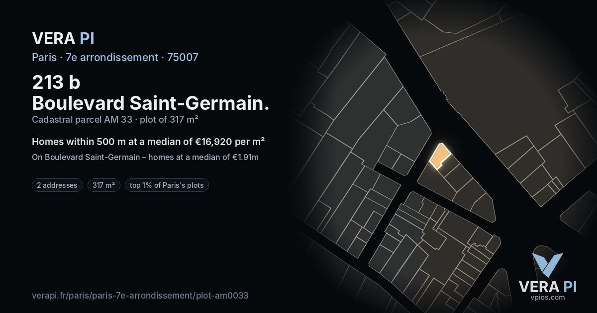 213 b Boulevard Saint-Germain, 7e arrondissement at night – the plot lit, the parcels around coloured by the prices near them