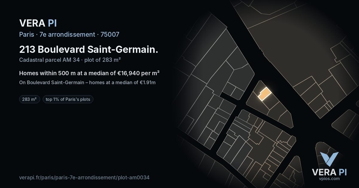 213 Boulevard Saint-Germain, 7e arrondissement at night – the plot lit, the parcels around coloured by the prices near them